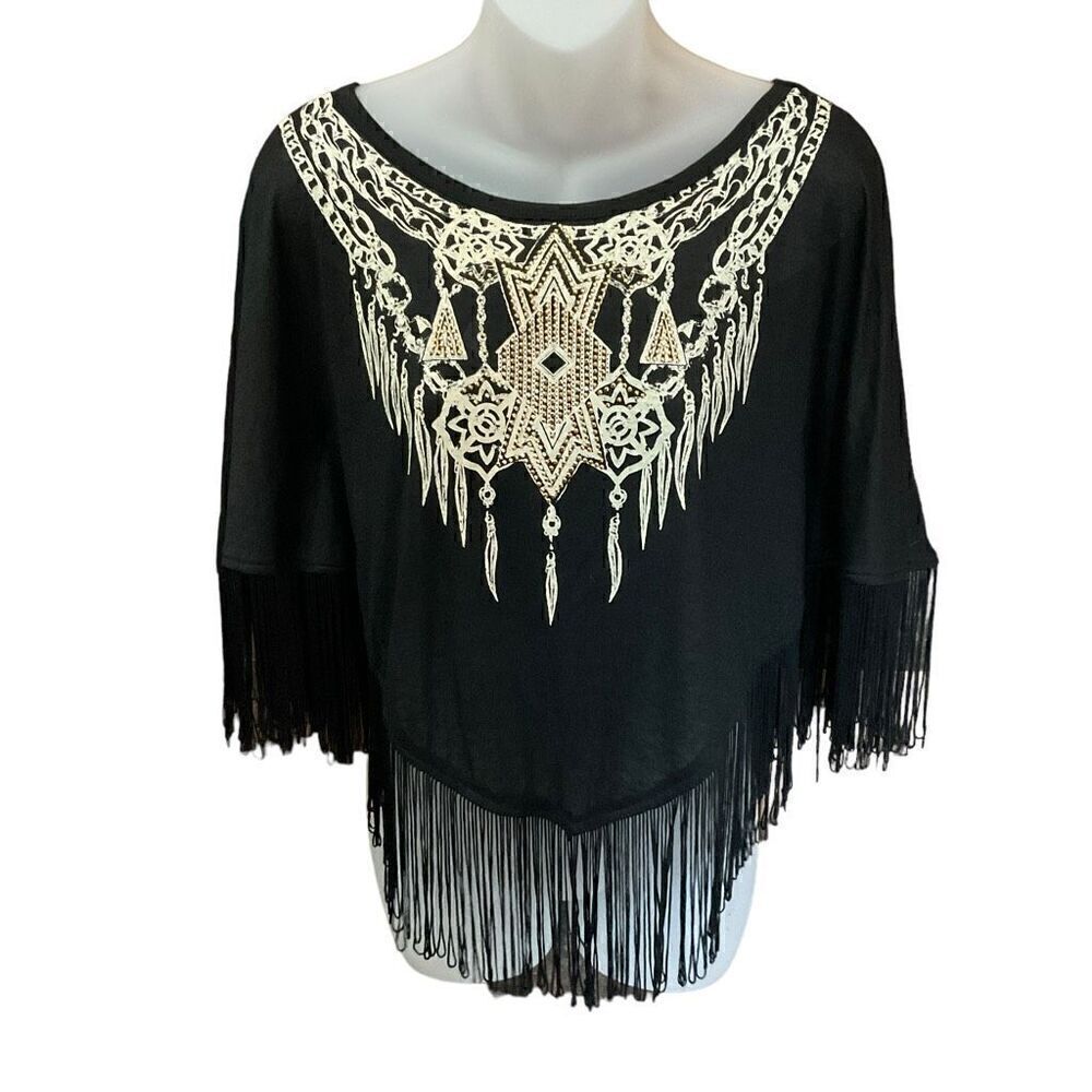 Rue21 Blouse Poncho Style Black Tan Fringe Dream Catcher Feather Print Size XS